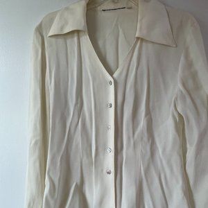 Womens Long Sleeve V-neck Collared Button Up Shirt White Size 6